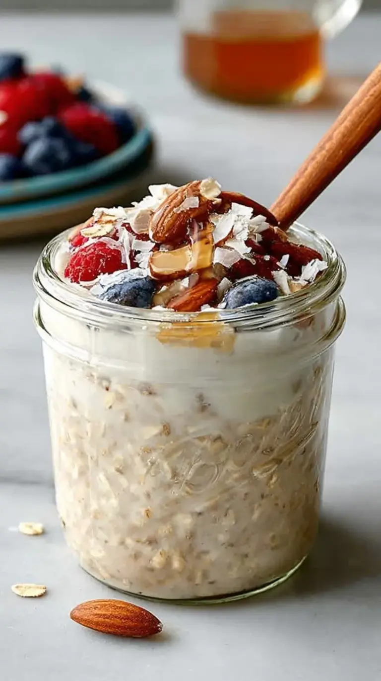 A glass mason jar filled with creamy overnight oats topped with fresh berries and seeds.