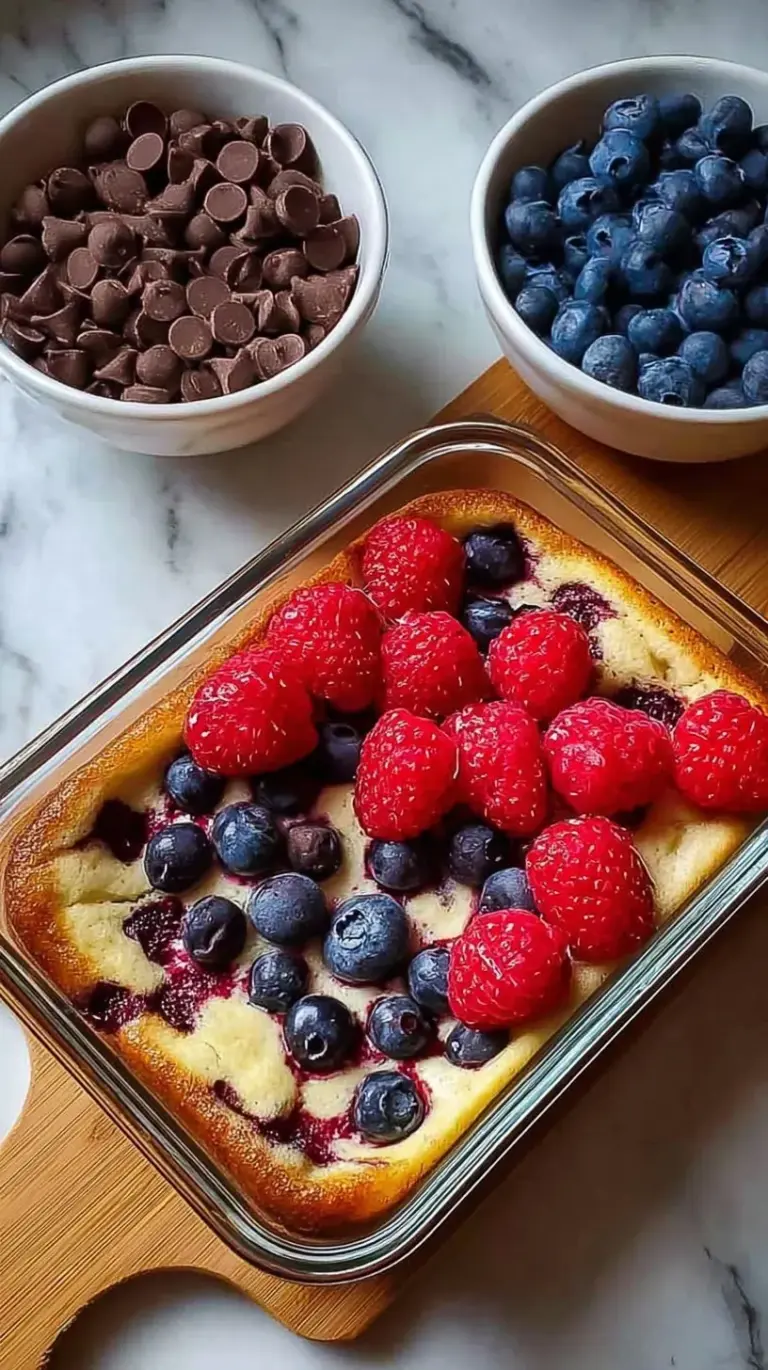 A warm high protein pancake bowl topped with fresh berries and a drizzle of almond milk