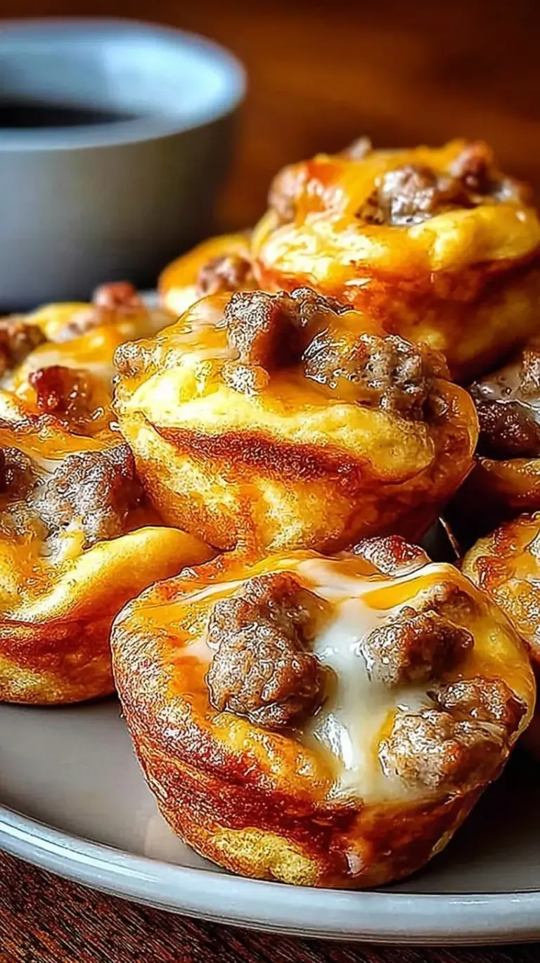 Golden brown mini pancake muffins with savory sausage centers on a cooling rack.