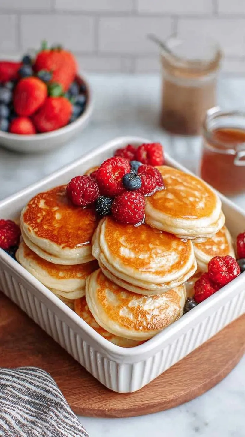 A stack of golden brown high protein pancakes topped with fresh berries on a white plate.