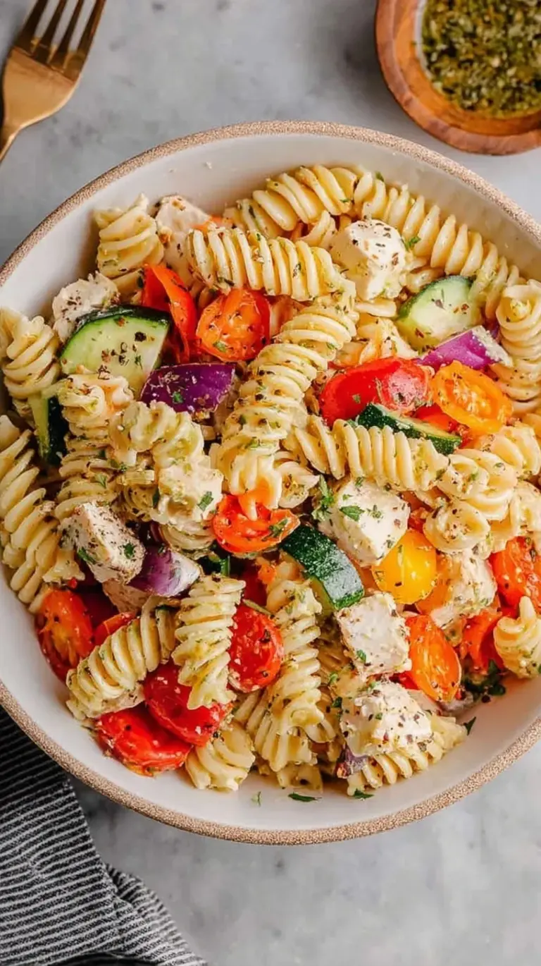 A colorful high protein pasta salad with chickpea pasta, chicken, and fresh vegetables in a white bowl.