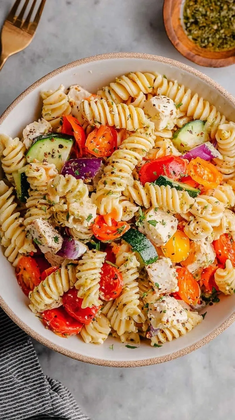 A colorful high protein pasta salad with chickpea pasta, chicken, and fresh vegetables in a white bowl.