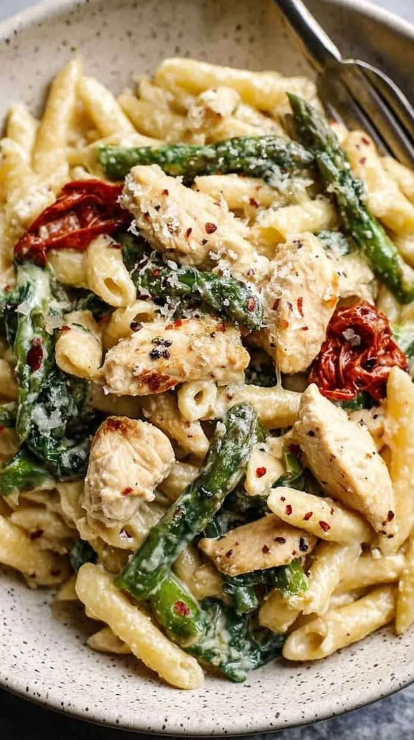 A bowl of high protein pasta with chicken and spinach in a creamy yogurt sauce