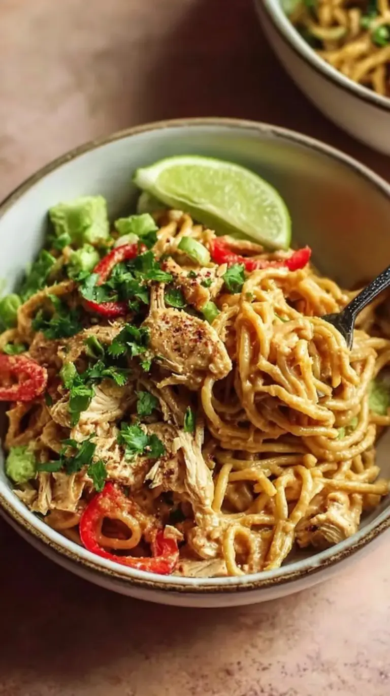 A bowl of peanut butter noodles with chicken, broccoli, and red peppers topped with peanuts.