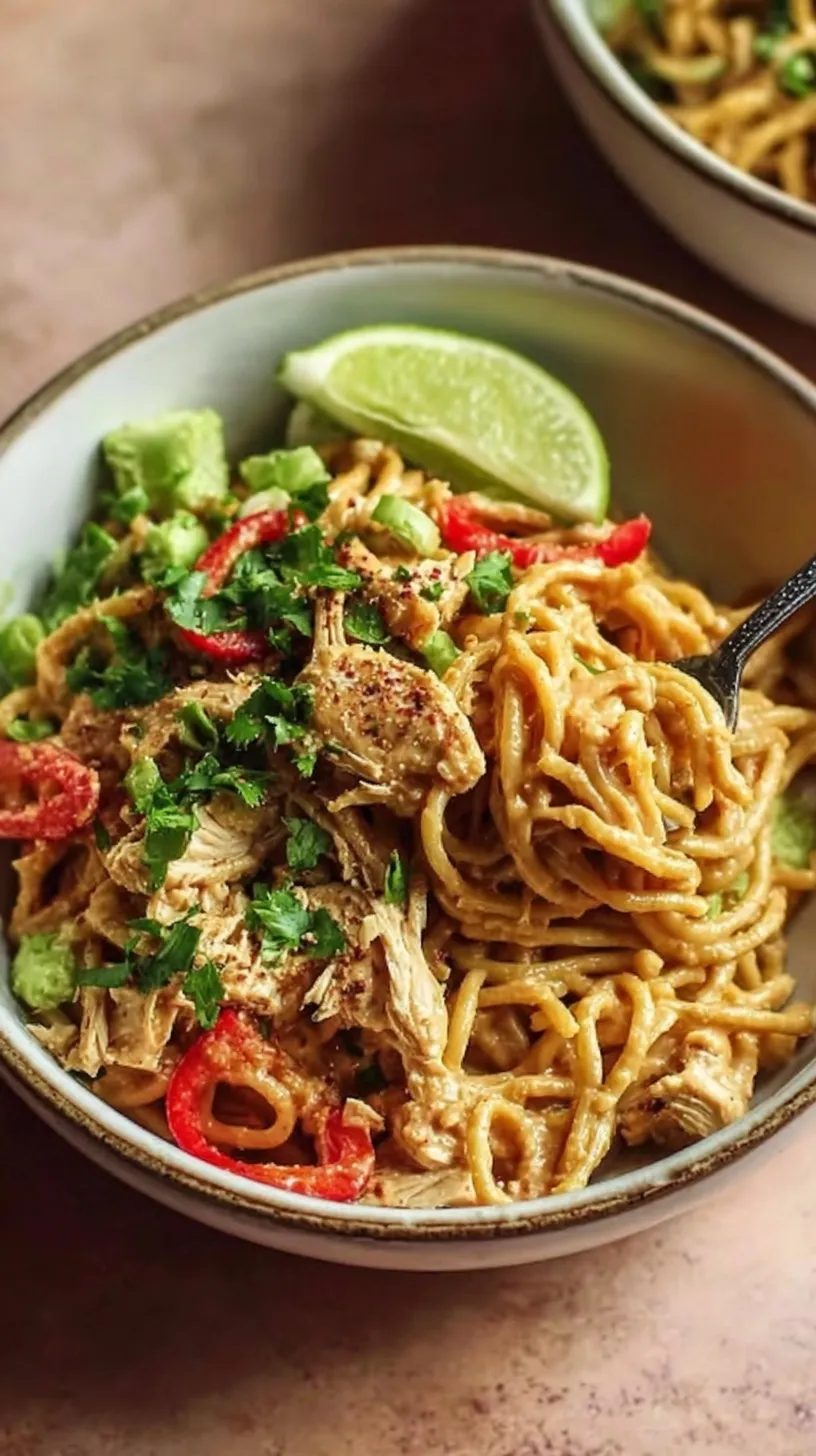 A bowl of peanut butter noodles with chicken, broccoli, and red peppers topped with peanuts.