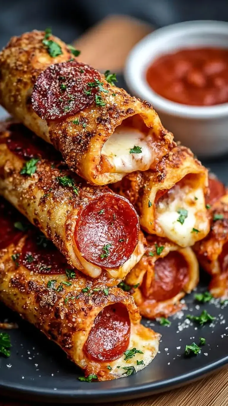 Golden brown high protein pizza rolls with melted cheese and turkey pepperoni on a baking sheet