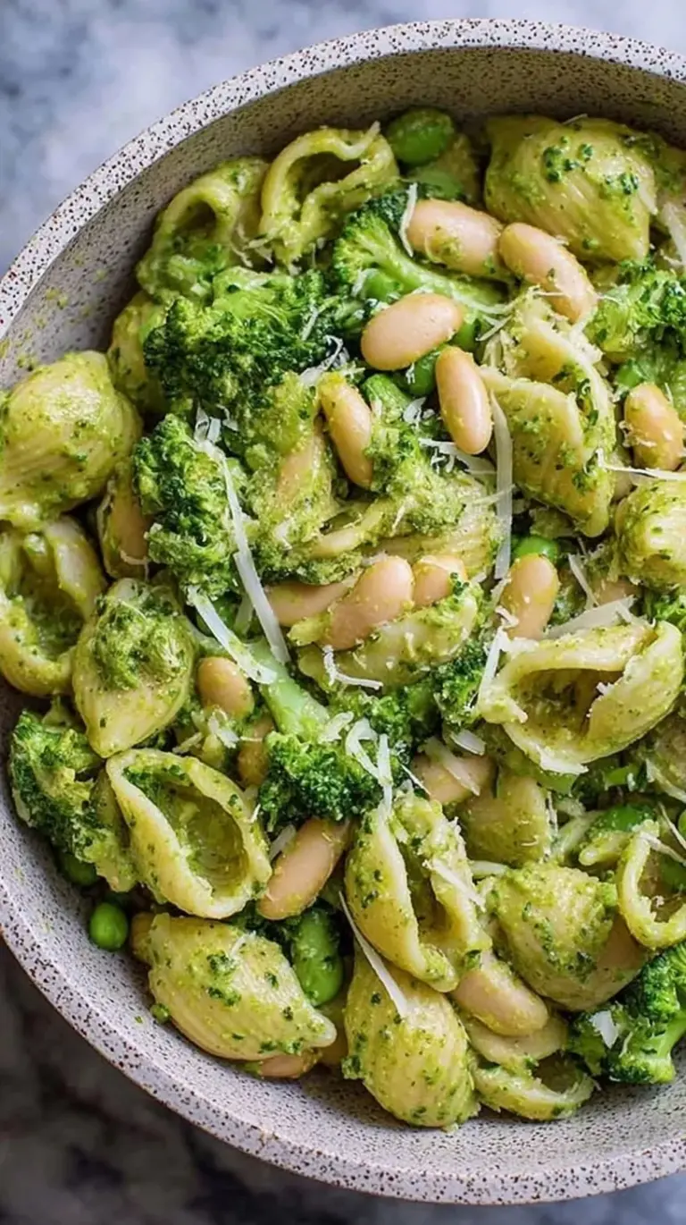 A bowl of vibrant green pesto pasta with chickpea rotini, broccoli florets, and white cannellini beans.