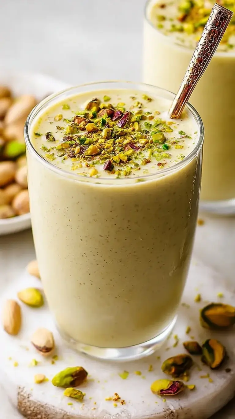 A creamy green pistachio smoothie in a glass with crushed nuts on top.