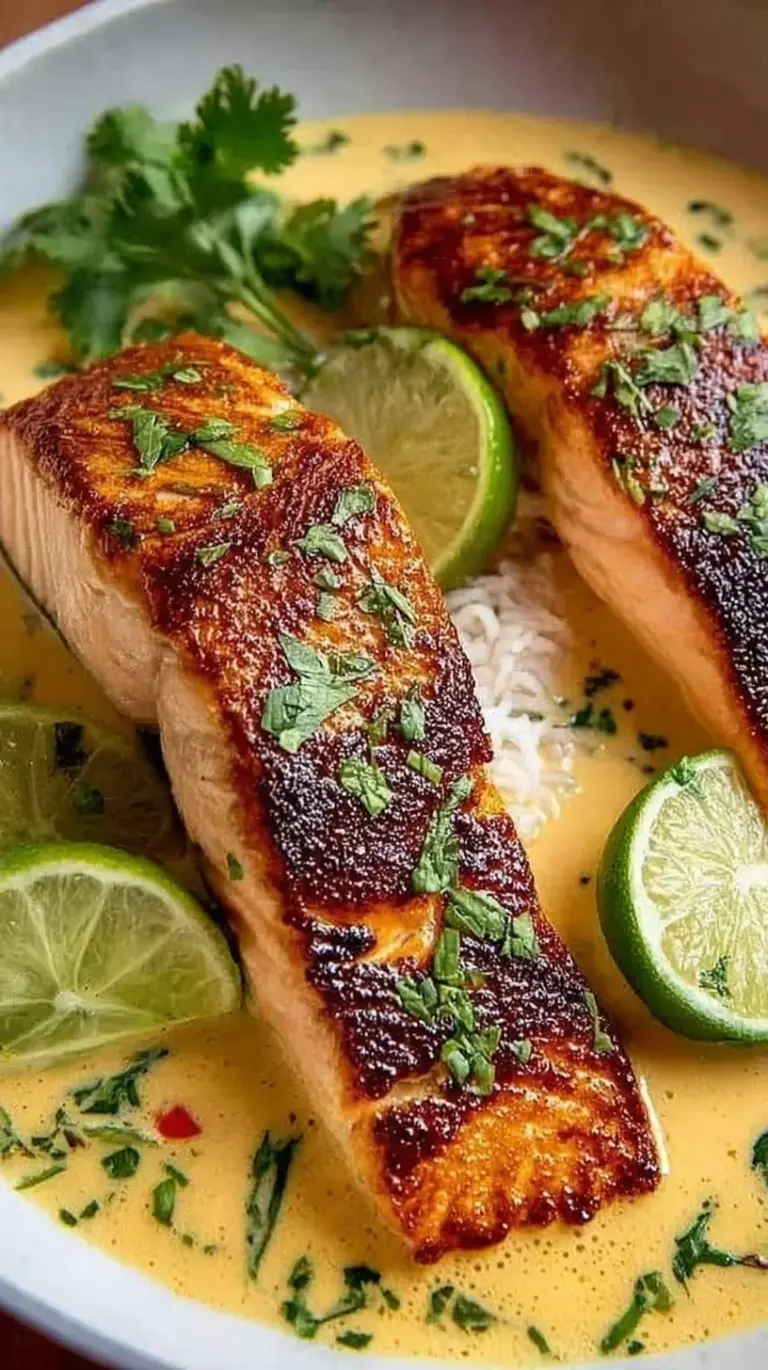 Tender salmon fillet poached in a creamy white coconut sauce with green spinach and lime zest.