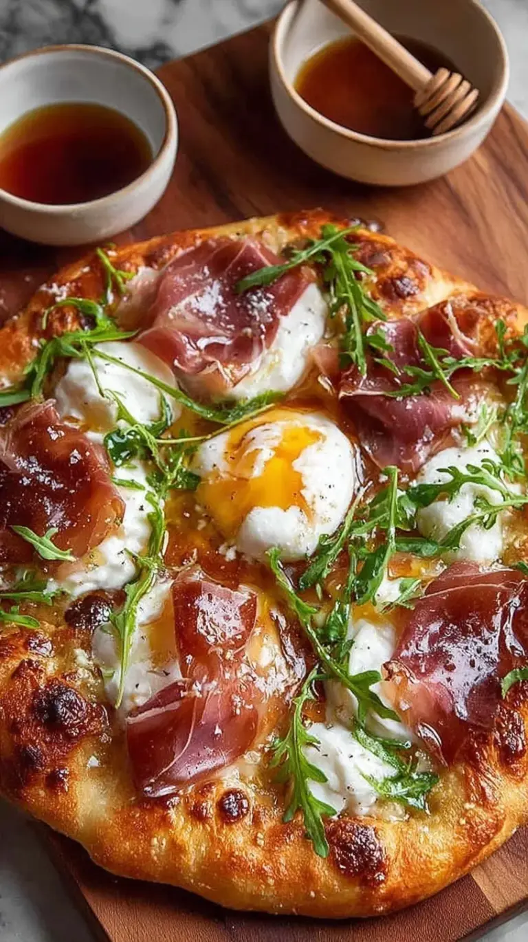 A fresh high protein pizza topped with sliced prosciutto, a torn burrata ball, fresh arugula, and a drizzle of hot honey.
