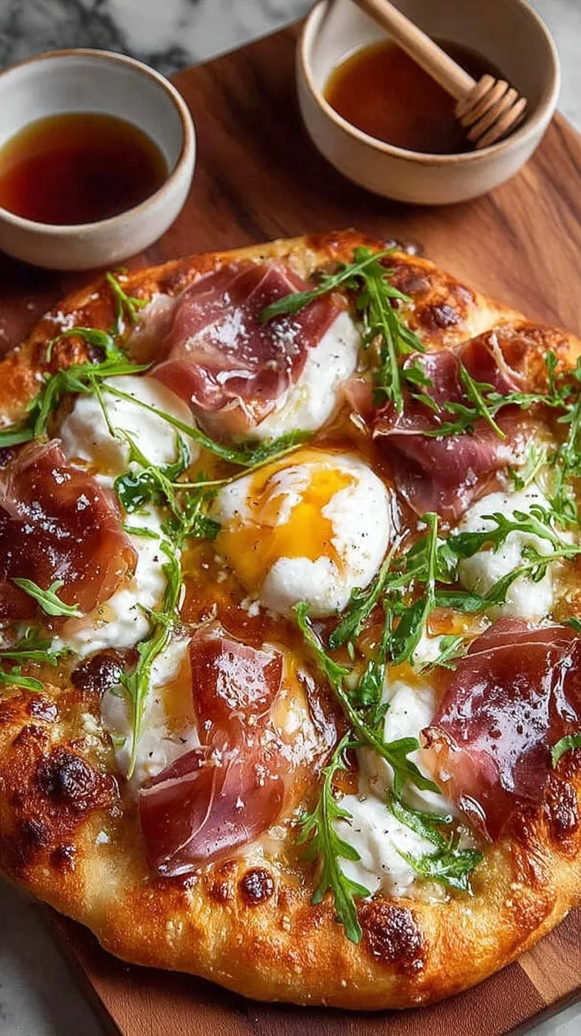 A fresh high protein pizza topped with sliced prosciutto, a torn burrata ball, fresh arugula, and a drizzle of hot honey.