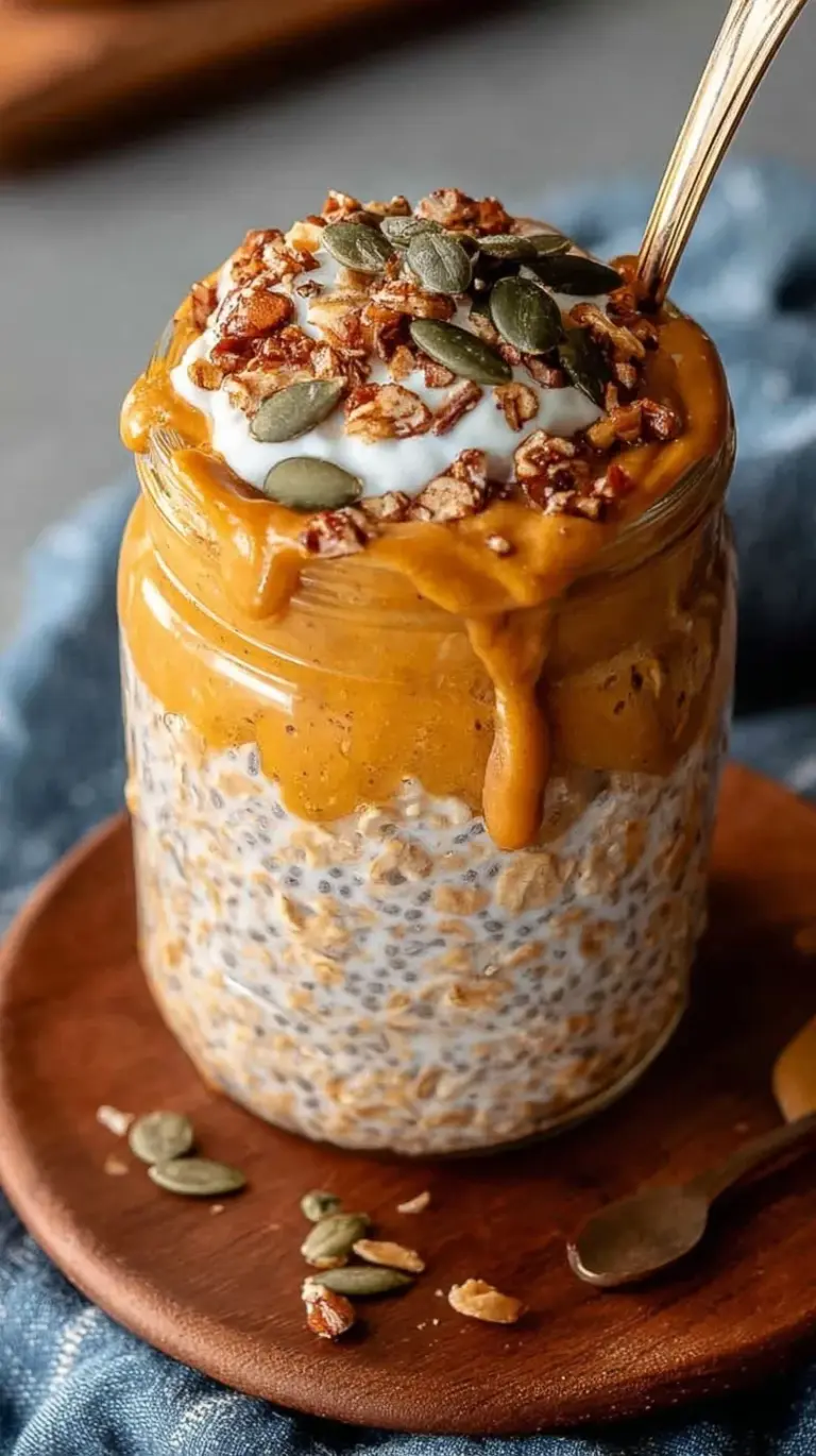 A glass mason jar filled with creamy pumpkin overnight oats topped with pumpkin spice.