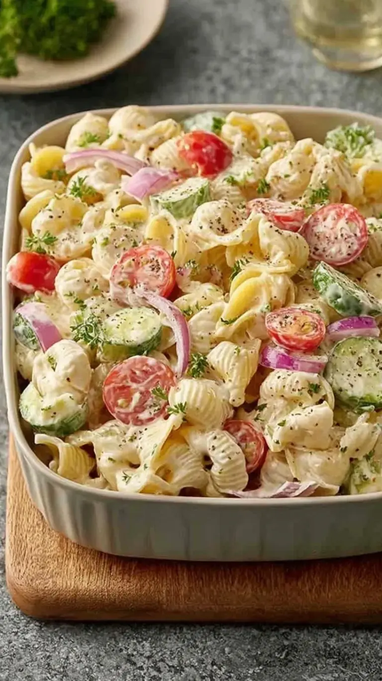 A colorful bowl of high protein ranch pasta salad with cherry tomatoes, cucumbers, and creamy dressing.