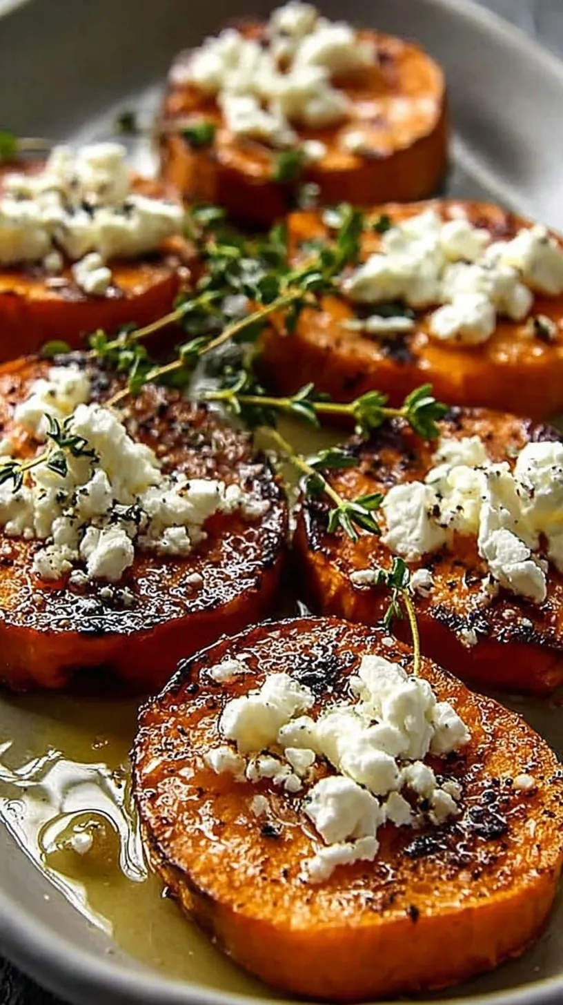 Golden roasted sweet potato rounds topped with white whipped feta, honey drizzle, and crushed walnuts.