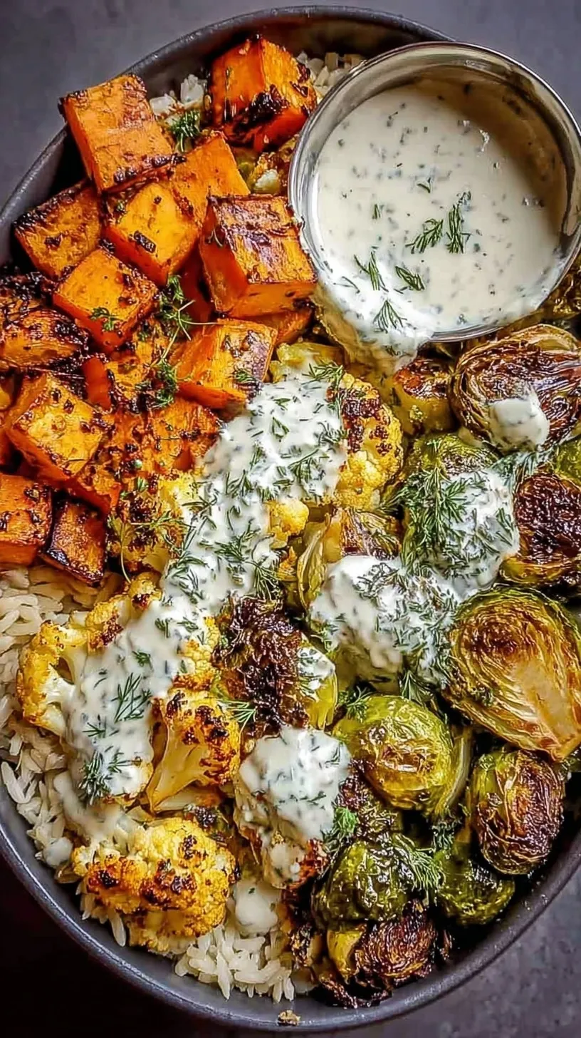 A colorful roasted vegetable nourish bowl with quinoa and tahini dressing