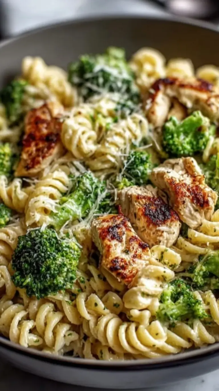 A bowl of creamy high protein chicken broccoli pasta with lemon zest and parmesan.