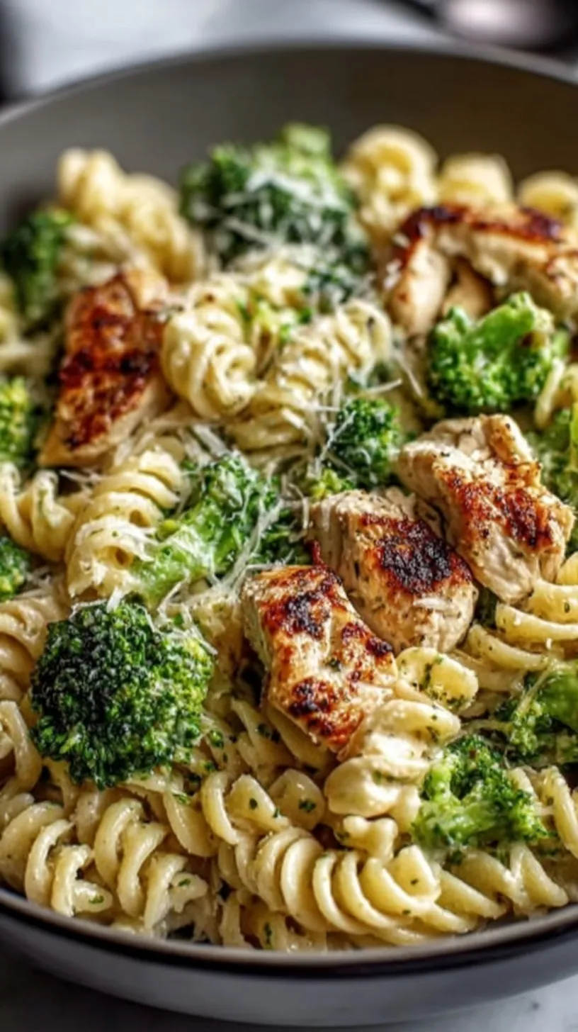 A bowl of creamy high protein chicken broccoli pasta with lemon zest and parmesan.