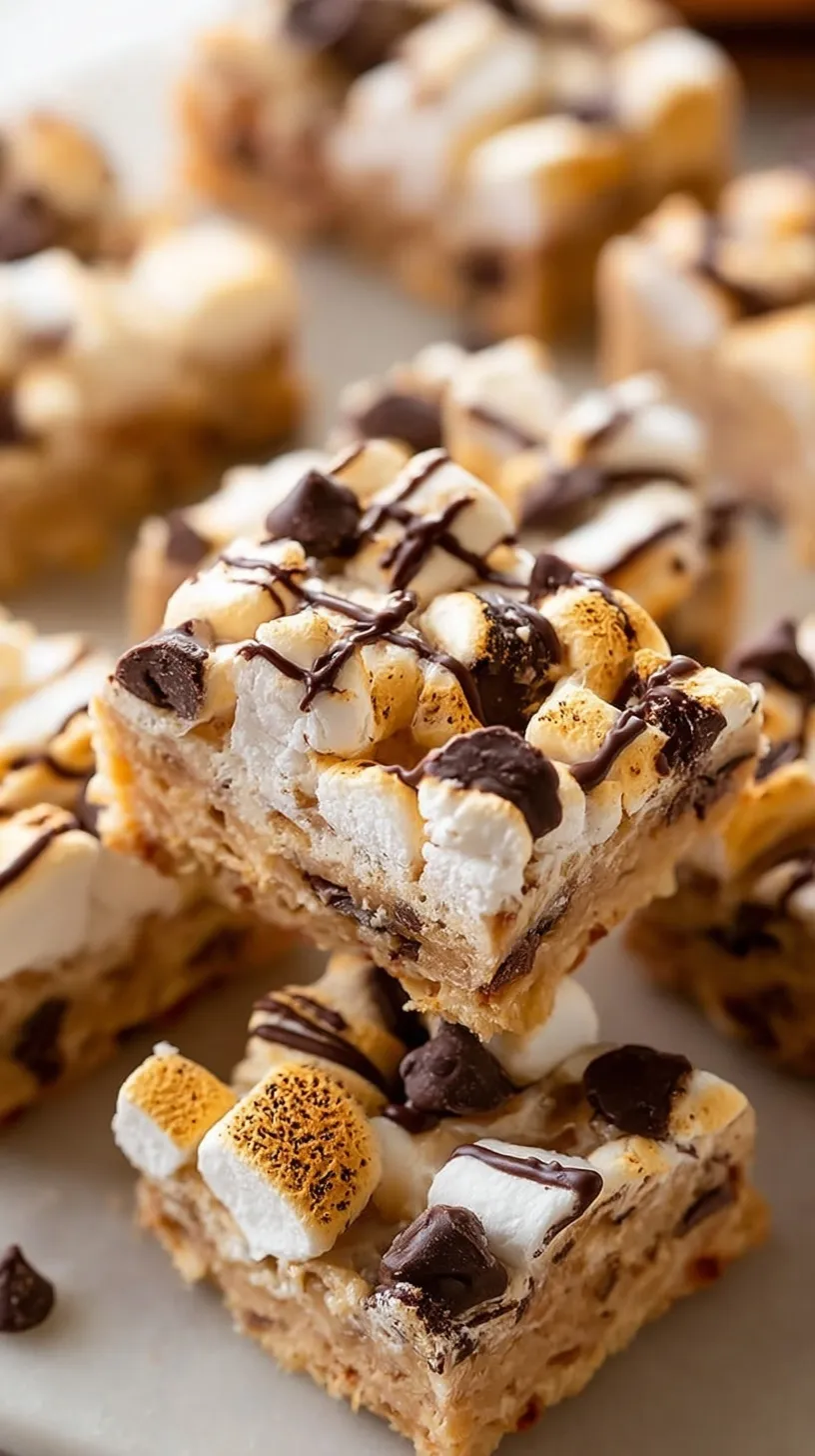 A stack of high-protein s'mores treats with dark chocolate chips and graham cracker bits on a white plate.