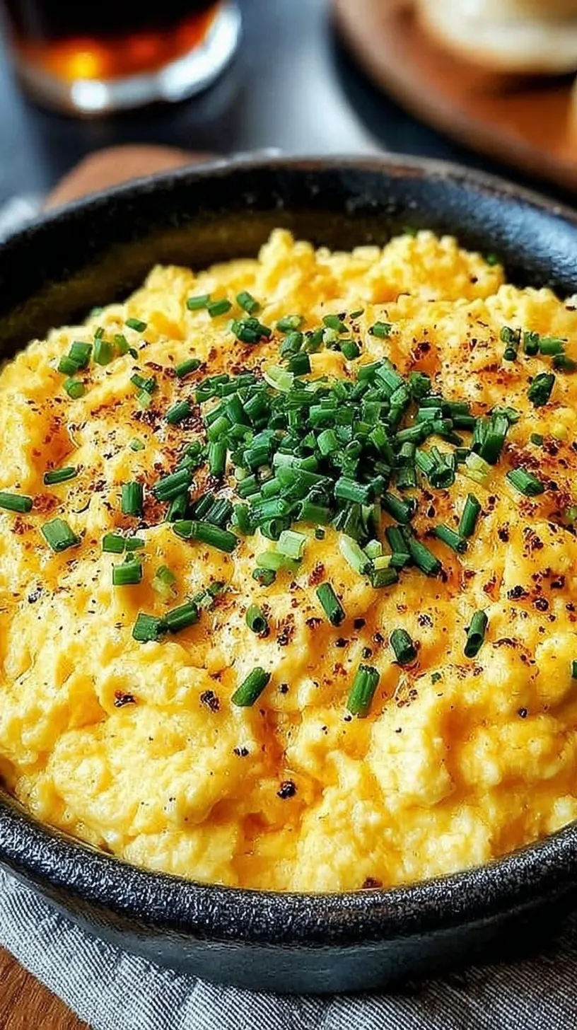 A plate of fluffy high protein scrambled eggs topped with fresh green chives and a side of whole grain toast.
