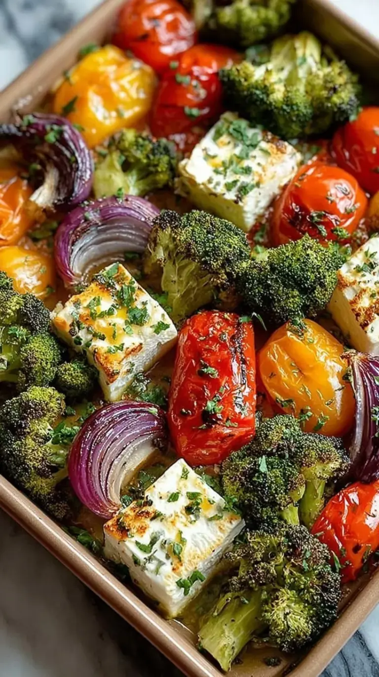 A colorful sheet pan filled with roasted tofu, chickpeas, broccoli, and red peppers