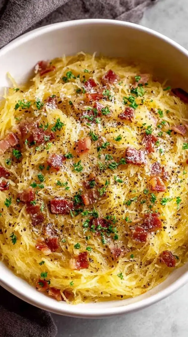 A bowl of creamy spaghetti squash carbonara topped with crispy guanciale and black pepper