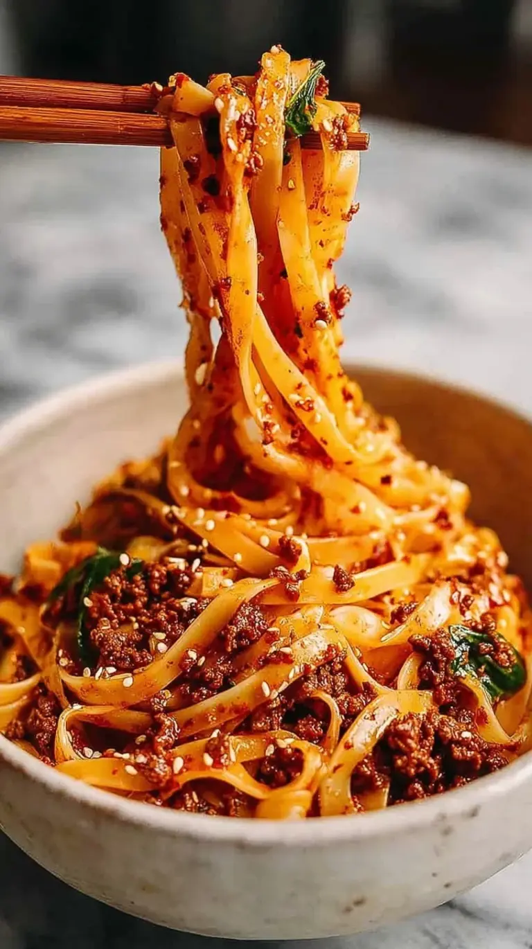 A bowl of glossy Spicy Gochujang Noodles with seared chicken, green scallions, and sesame seeds.
