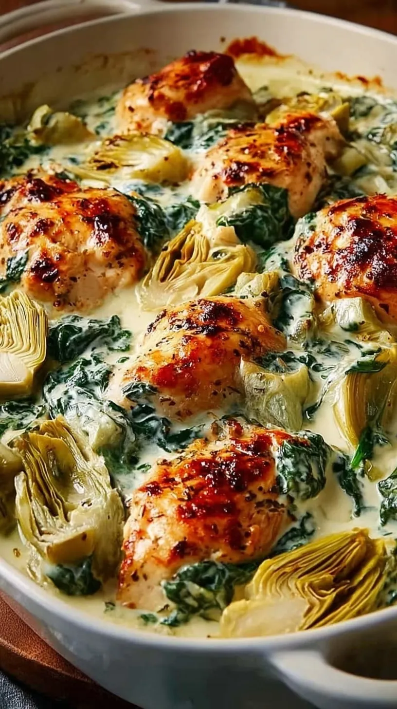 A golden-brown spinach and artichoke chicken casserole in a white baking dish