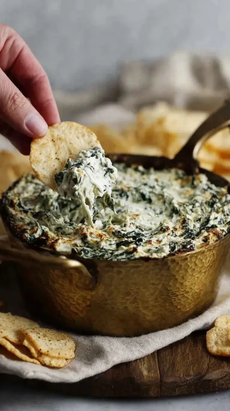 A bubbling dish of spinach artichoke dip with golden melted mozzarella on top