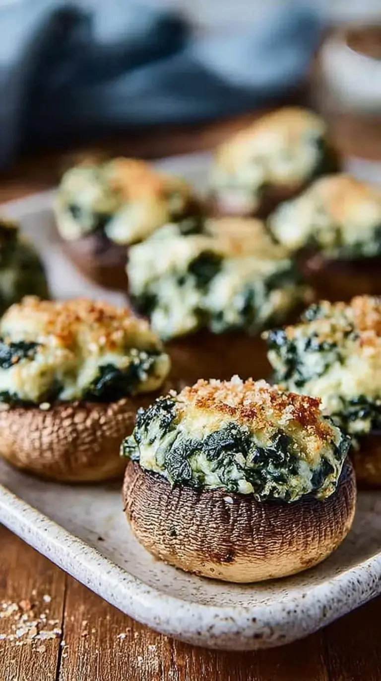 A tray of golden stuffed mushrooms filled with creamy spinach and cheese