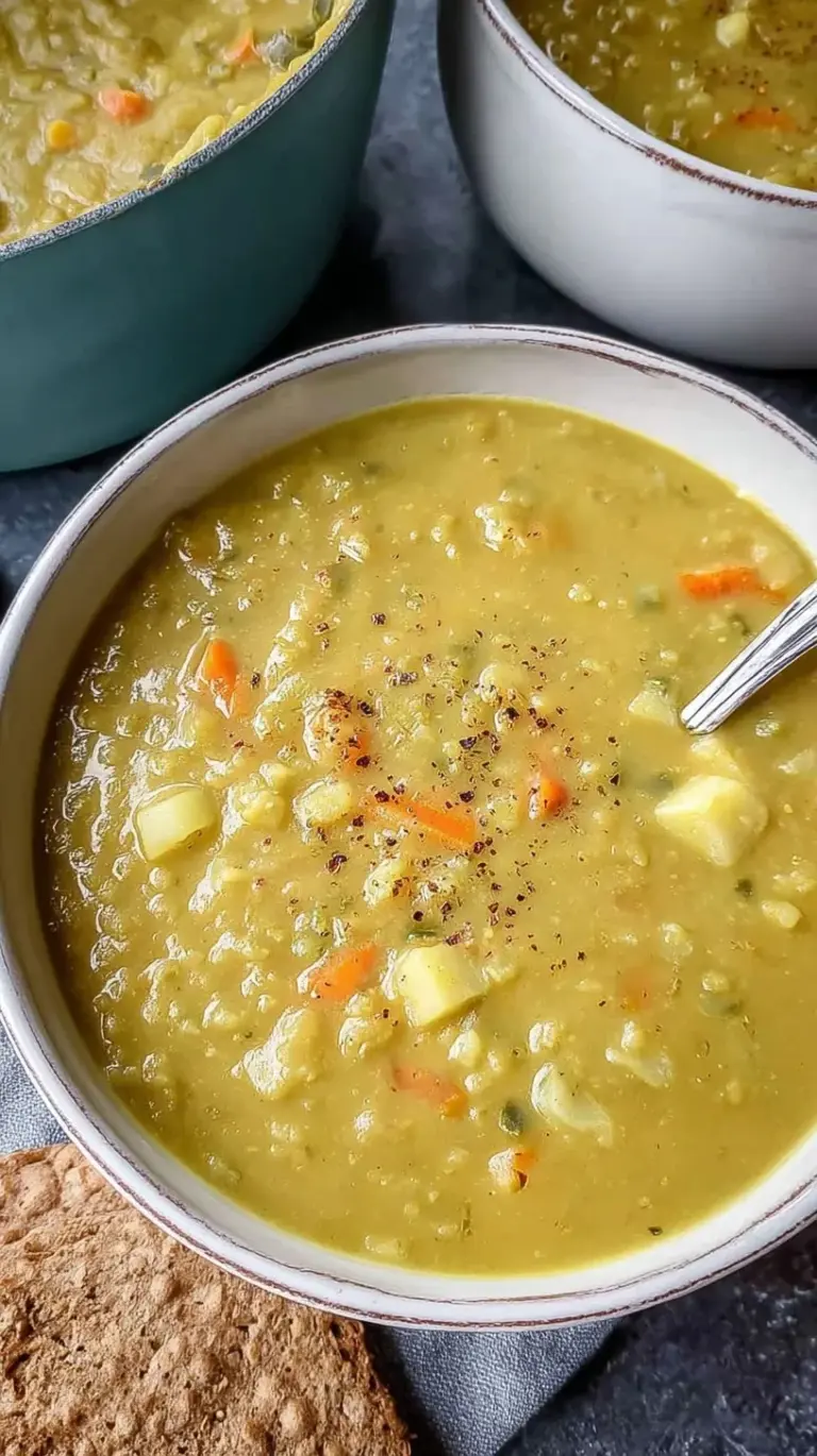 A steaming bowl of thick green split pea soup with shredded turkey on top