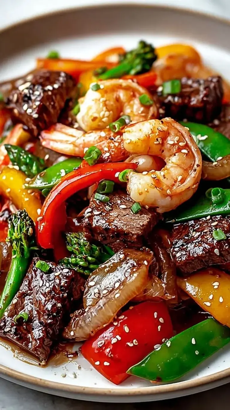 A colorful skillet of steak strips, pink shrimp, green broccoli, and red peppers in a glossy sauce.
