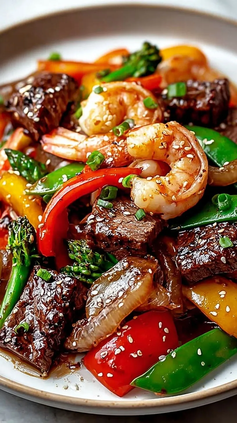 A colorful skillet of steak strips, pink shrimp, green broccoli, and red peppers in a glossy sauce.