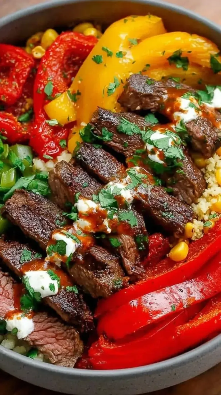 A colorful steak fajita bowl with seared steak, peppers, and avocado over cauliflower rice