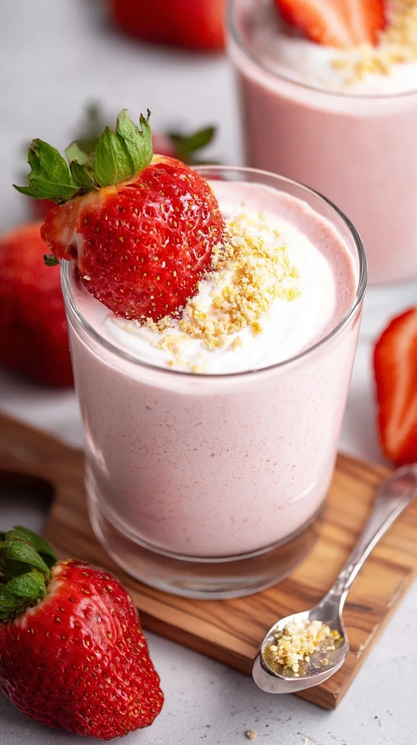 A light pink strawberry mousse in a glass dish topped with fresh berries and mint.