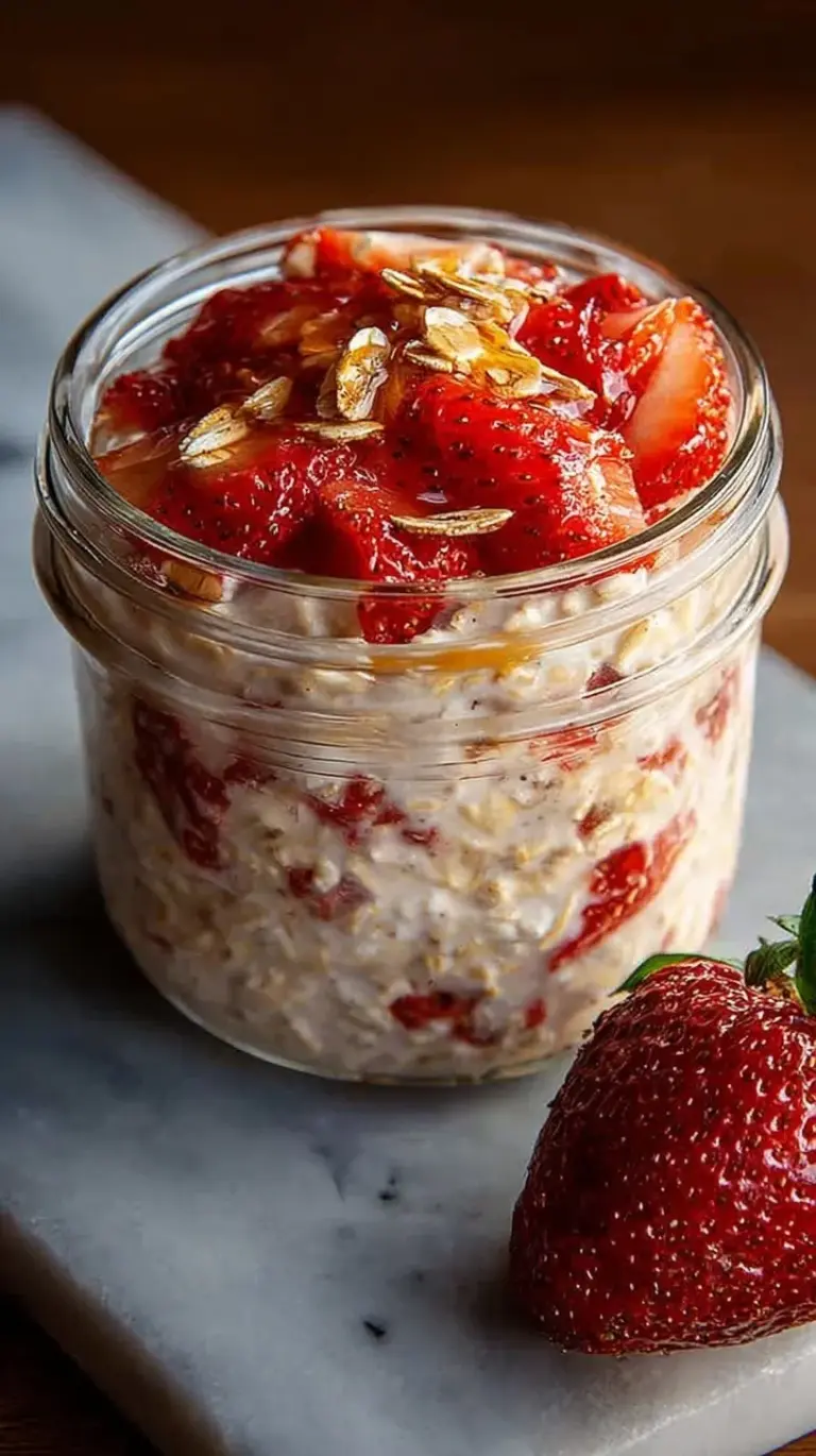 A glass jar filled with creamy strawberry overnight oats topped with fresh diced berries.