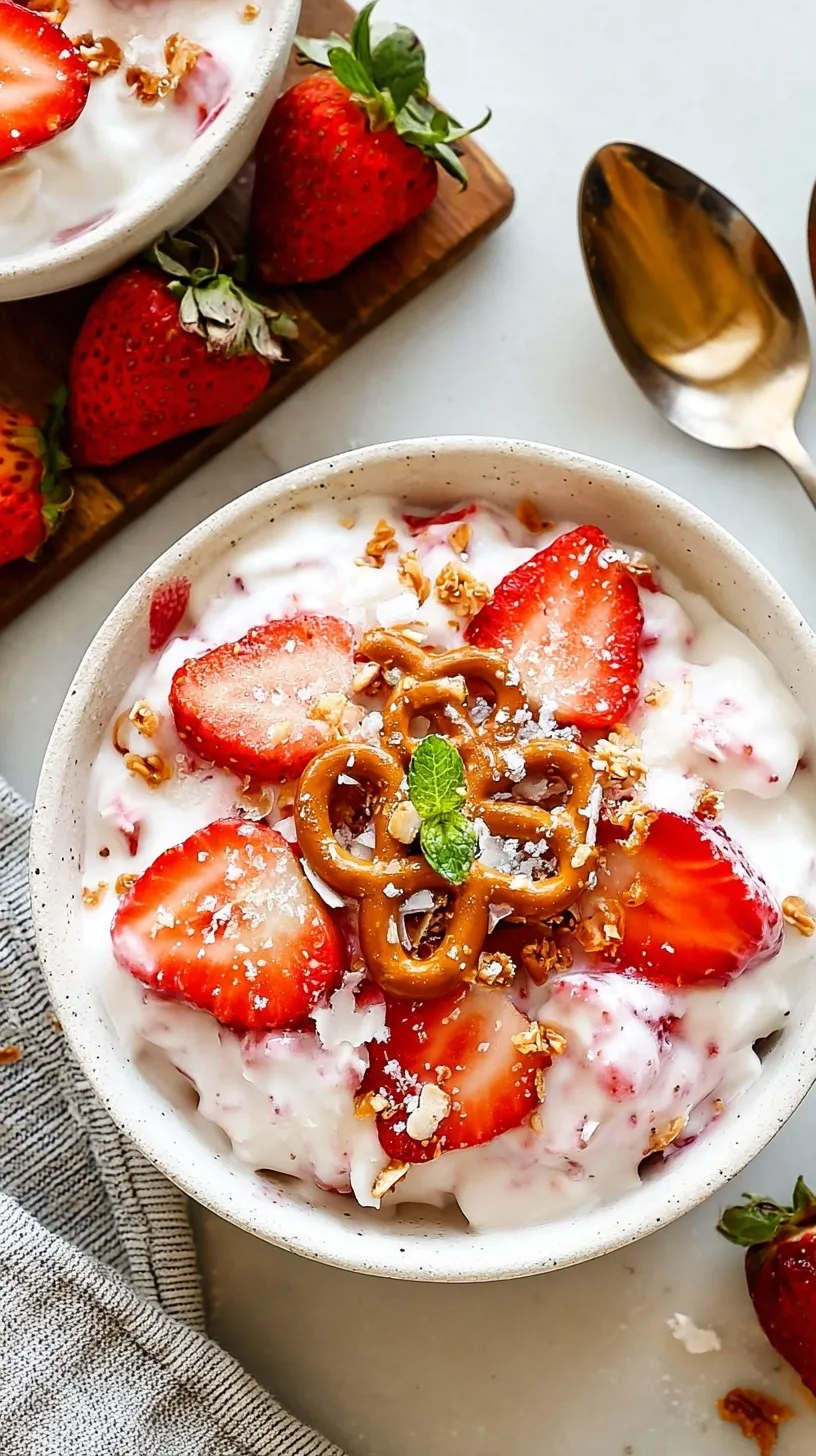 A glass bowl filled with layers of crushed pretzels, creamy vanilla protein yogurt, and fresh sliced strawberries.
