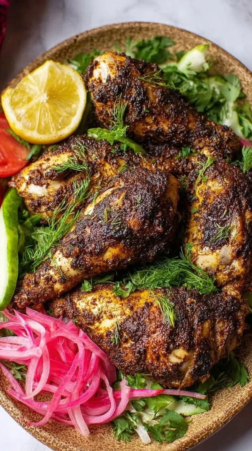 Golden brown cubes of sumac-seasoned chicken in an air fryer basket with lemon wedges