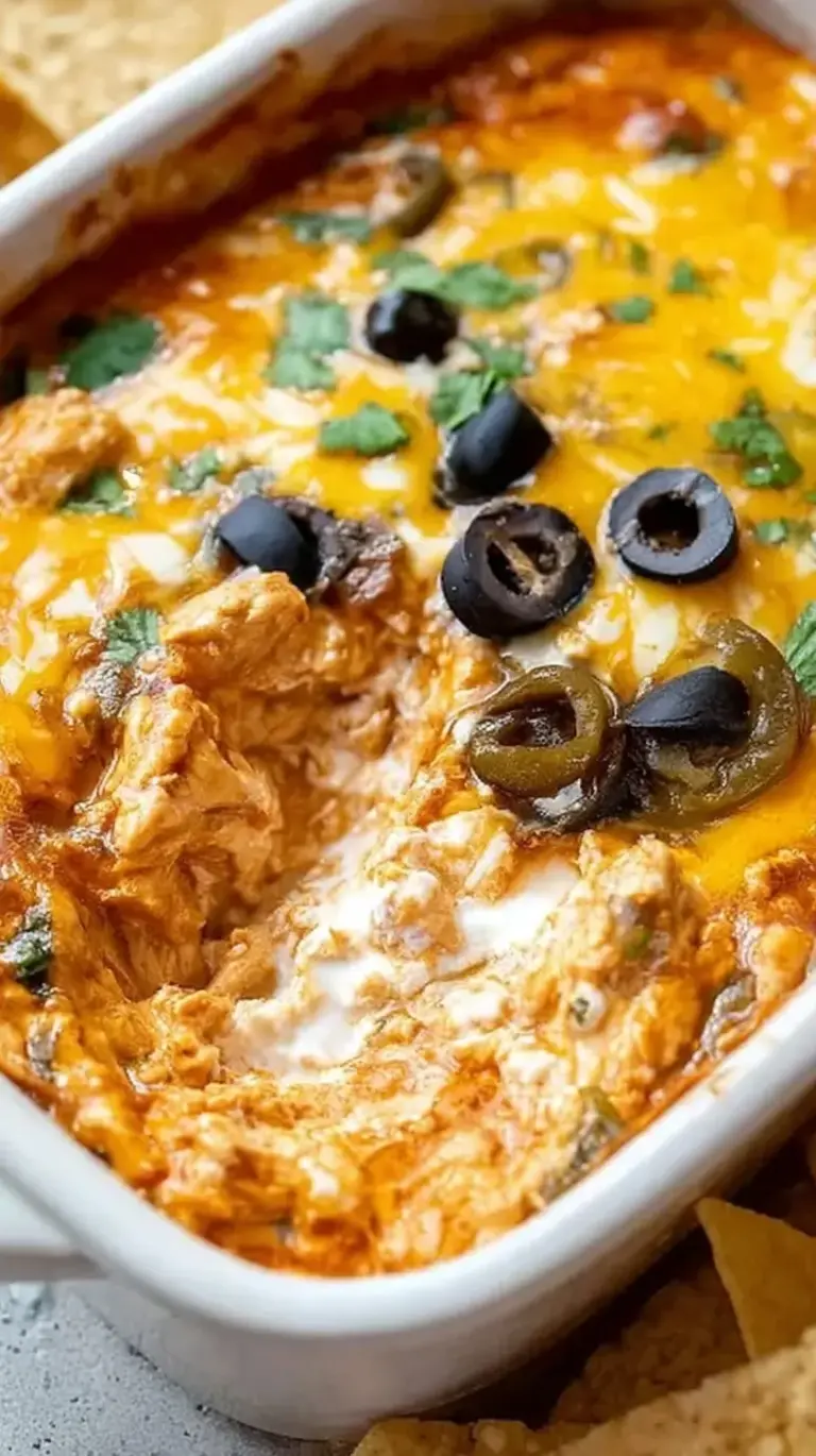 A creamy chicken taco dip topped with melted cheese and green onions in a skillet.