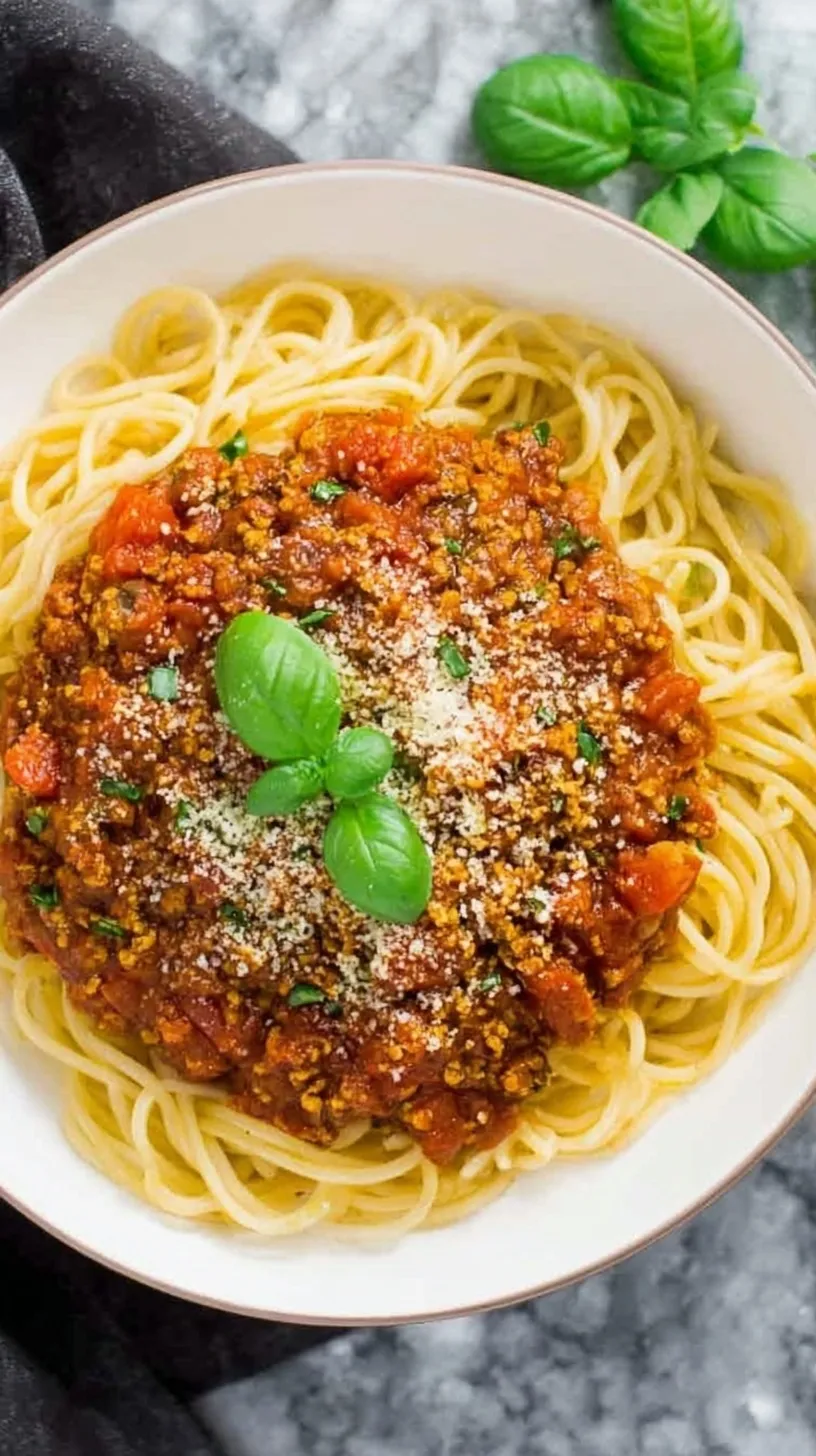 A bowl of high protein tempeh bolognese over pasta with fresh herbs