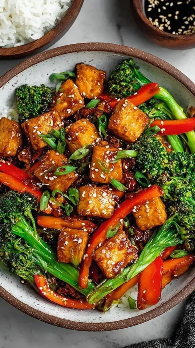 A colorful high protein tempeh stir-fry with broccoli and red peppers in a skillet