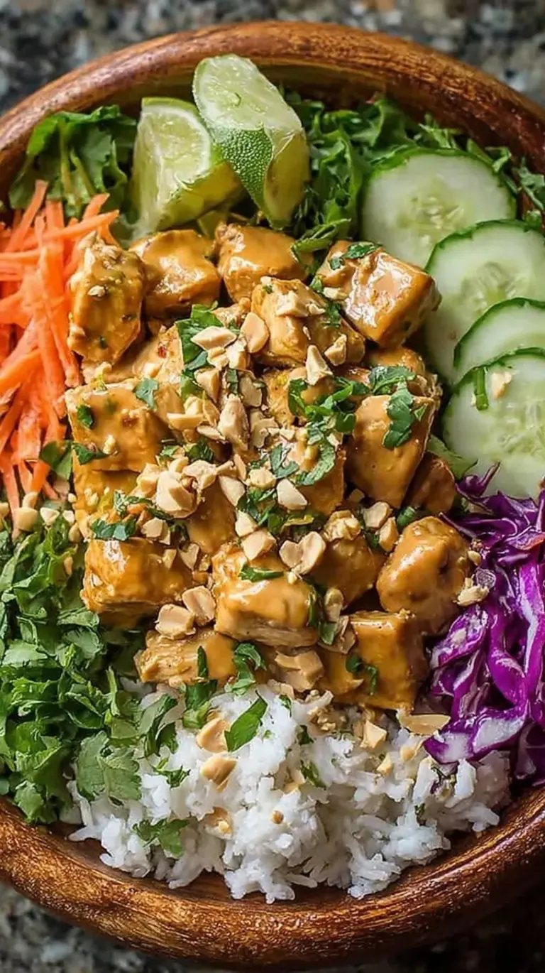 A vibrant Thai Peanut Chicken Bowl with grilled chicken, green broccoli, and brown rice topped with creamy peanut sauce and green onions.