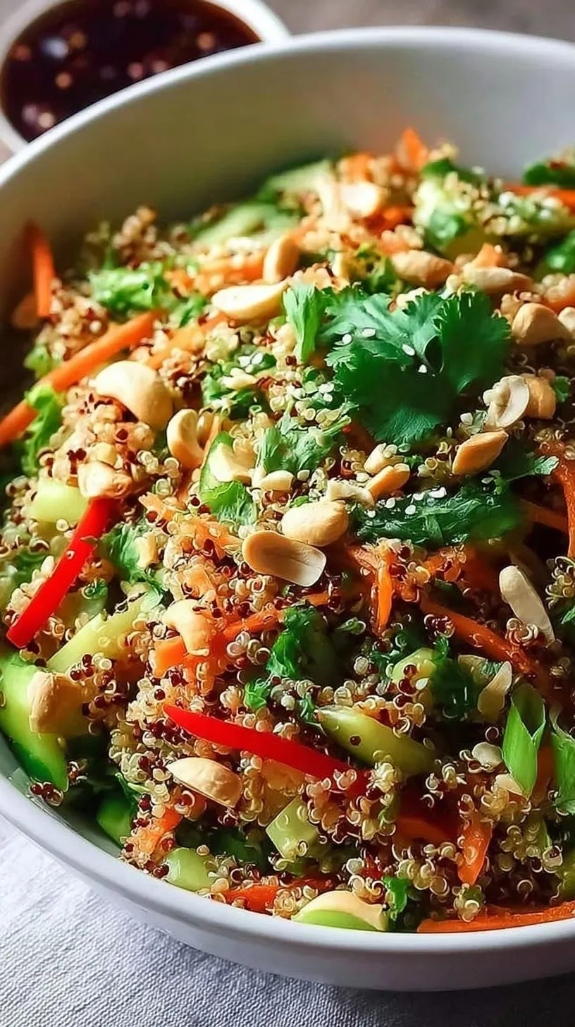 A colorful bowl of Thai Quinoa Crunch Salad with red cabbage, carrots, and peanut dressing.
