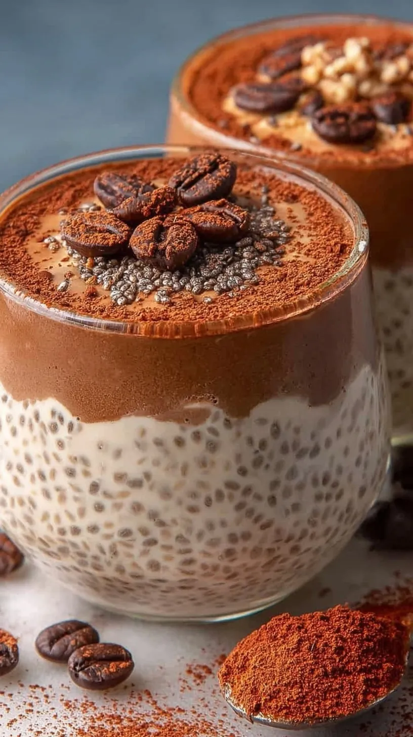 Layered Tiramisu chia pudding in a glass jar topped with cocoa powder