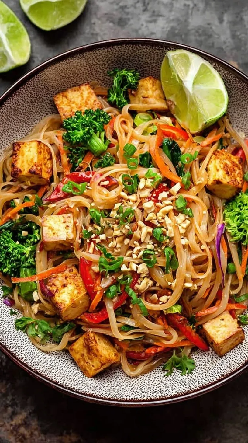 A bowl of High Protein Tofu Pad Thai topped with crushed peanuts, fresh cilantro, and lime wedges