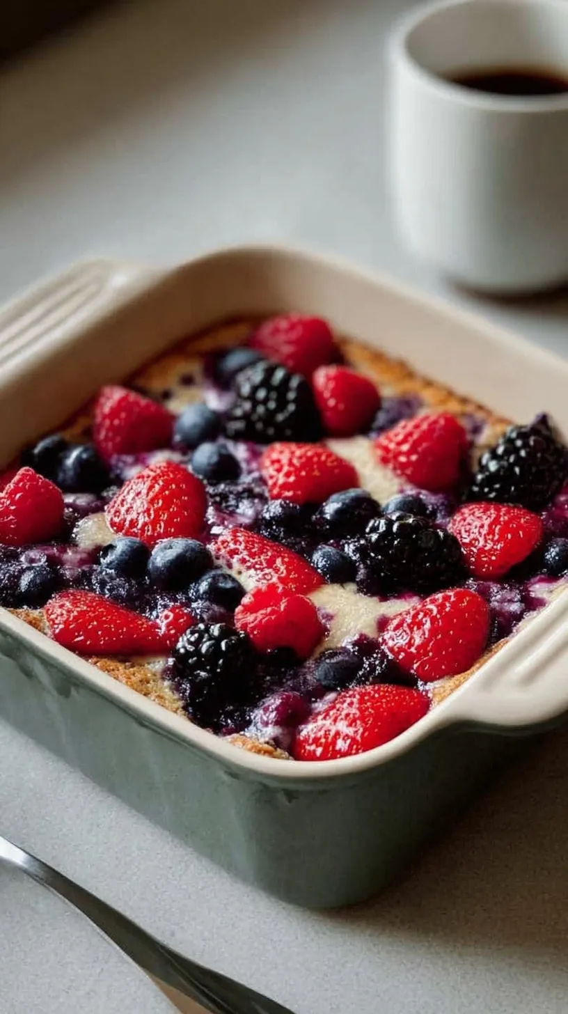 A golden brown baked oatmeal dish filled with raspberries, blueberries, and blackberries in a white baking dish.
