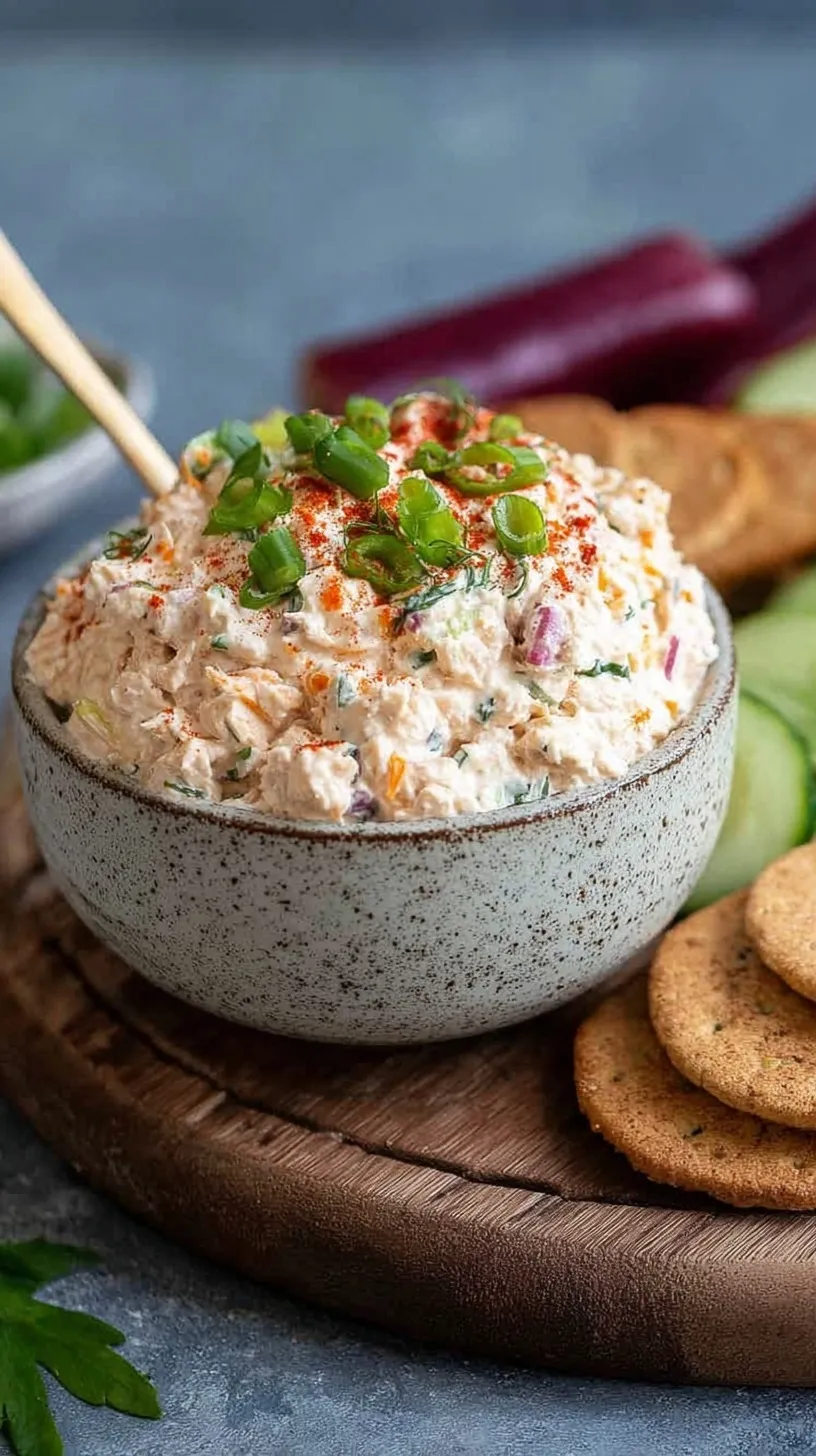 A bowl of creamy tuna spread with fresh dill and lemon on a light wooden table.