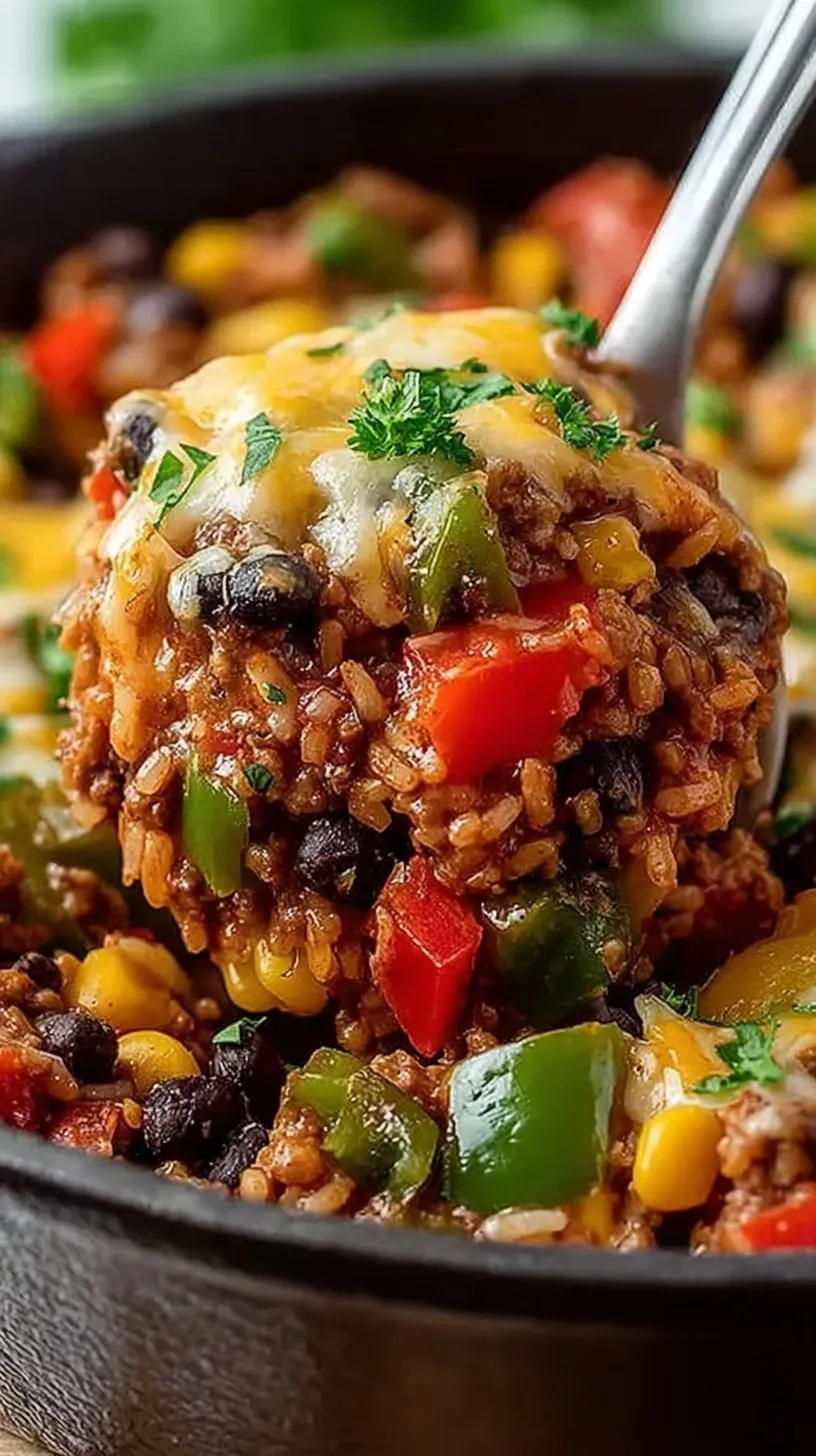 A skillet of high protein unstuffed peppers topped with melted mozzarella cheese and fresh herbs.