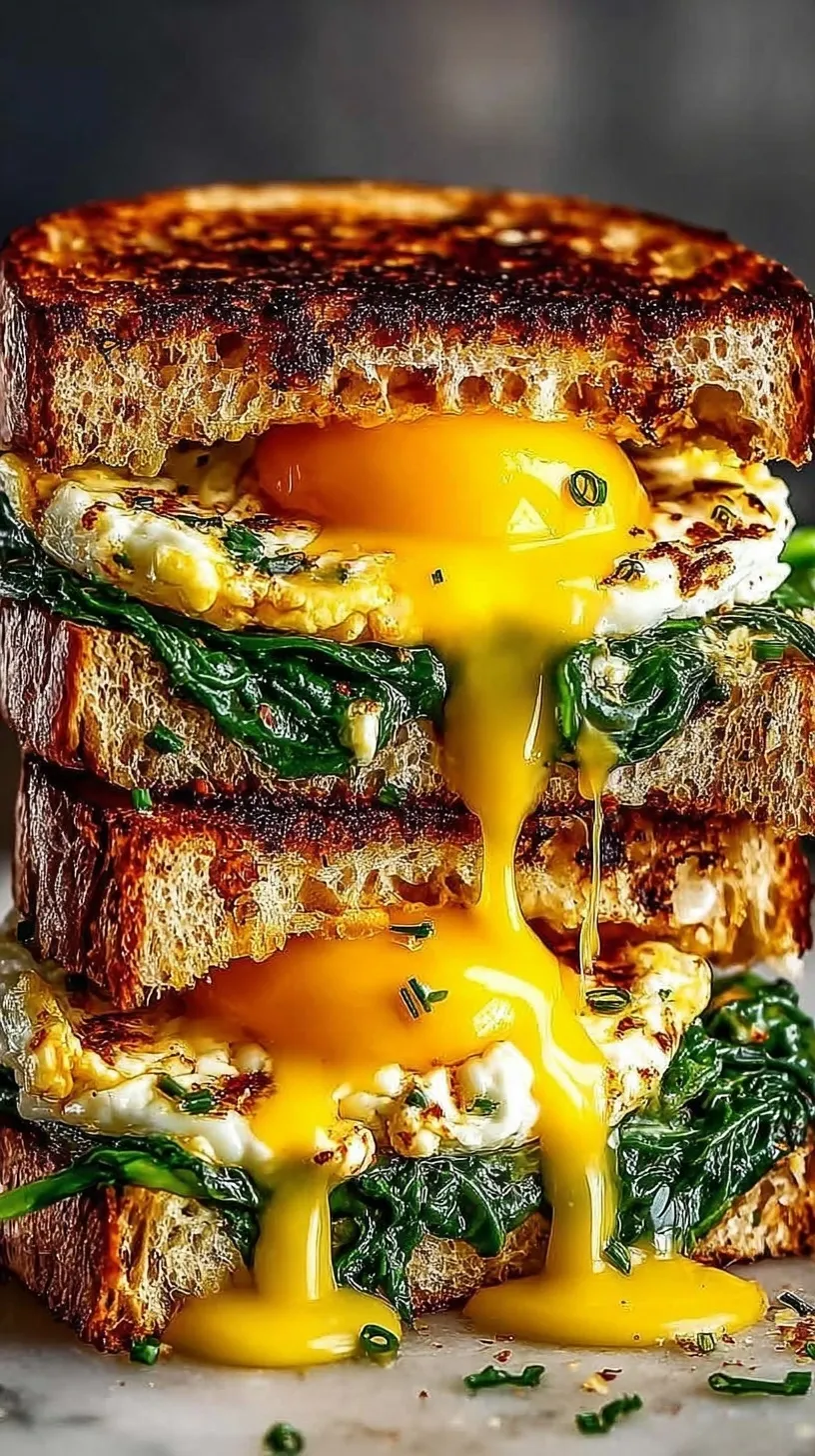 Four high protein vegetarian breakfast sandwiches stacked on a clean white plate with fresh spinach