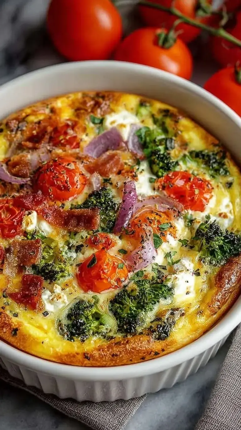 A golden brown high-protein veggie bake in a glass dish with melted cheddar cheese on top.