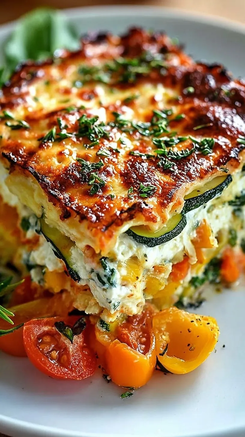 A golden, bubbly high protein veggie lasagna sliced in a white ceramic baking dish with fresh spinach garnish.